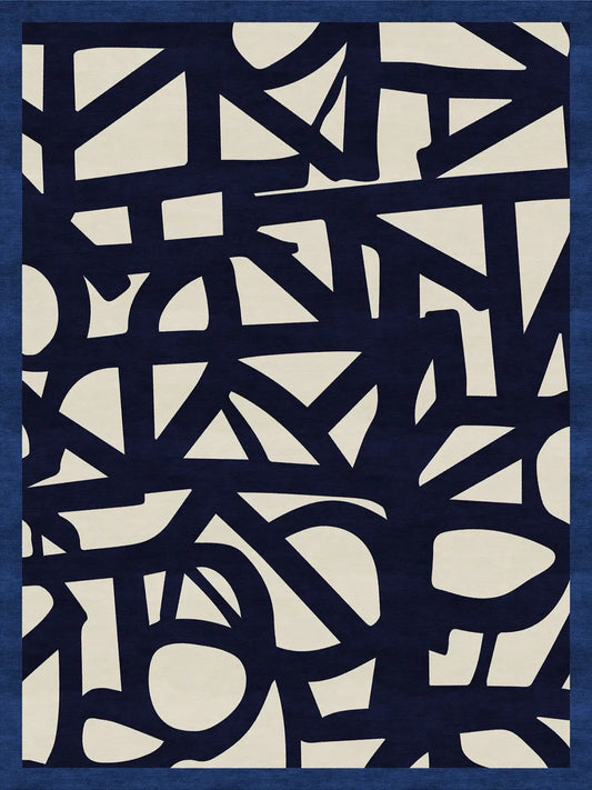 Abstract patterned wool rug with black and white design on a blue background