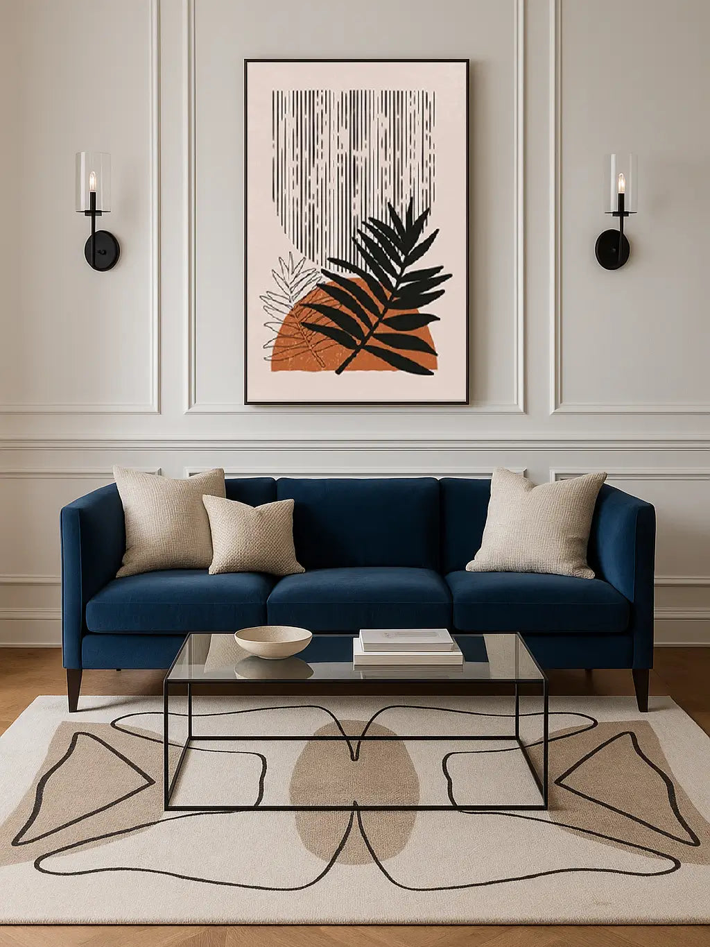 Modern living room with a modern hand tufted wool rug, blue sofa, glass coffee table, and abstract art on the wall.