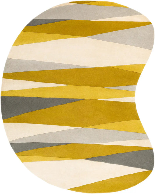 Jarvi hand tufted round shaped rug with yellow and gray abstract pattern on a white background