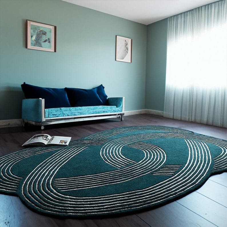 Modern black shaped wool rug in living room