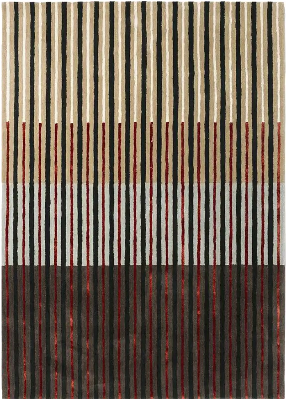 Modern striped wool rug with black, beige, and red horizontal stripes