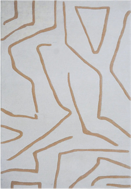 modern hand tufted rug with brown abstract pattern on a light gray background