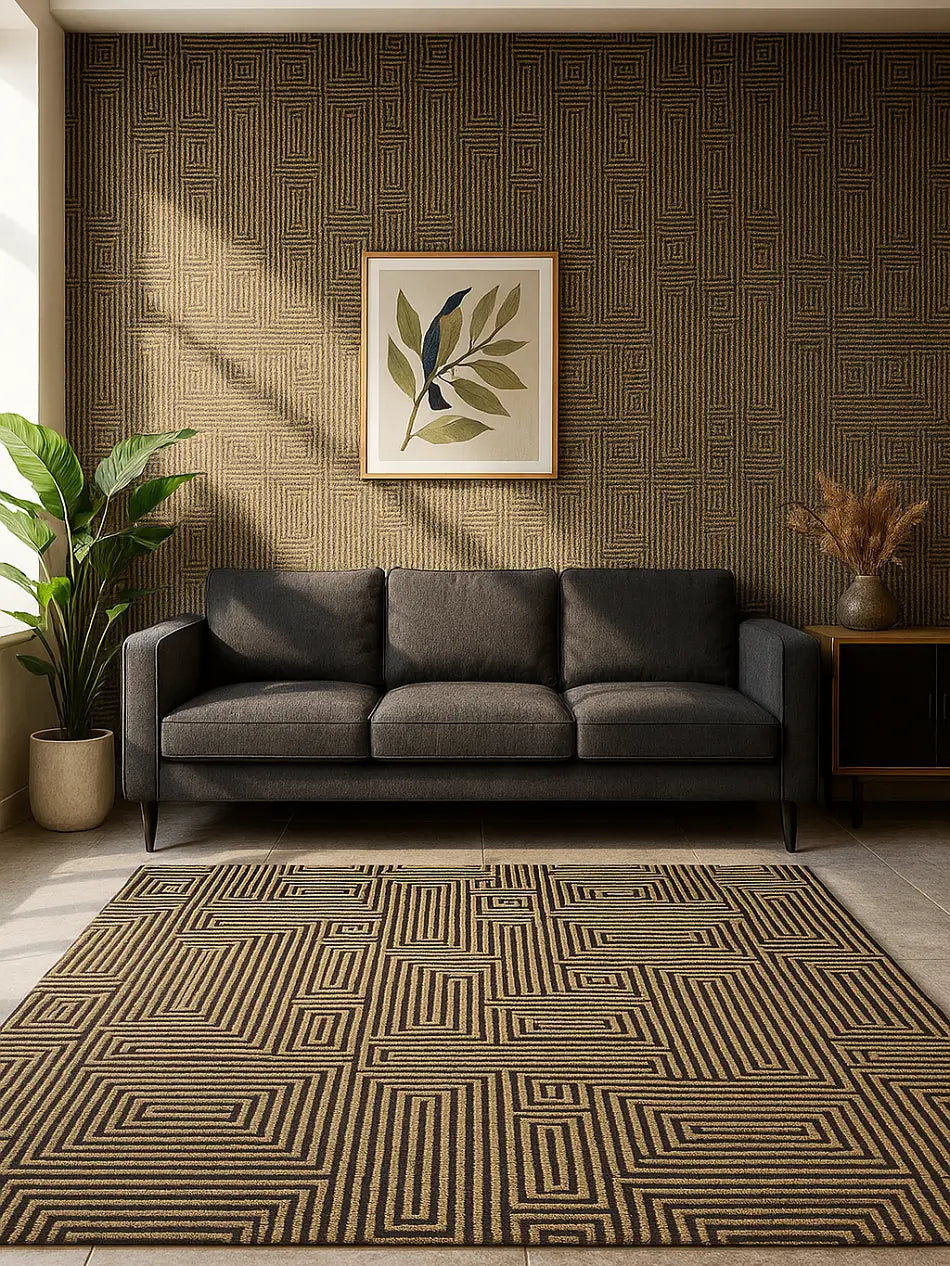 Living room with a gray sofa, patterned rug, and wall art.