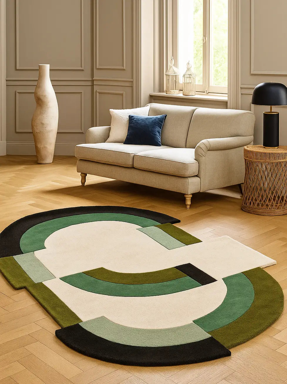 hand tufted shaped rug in living room