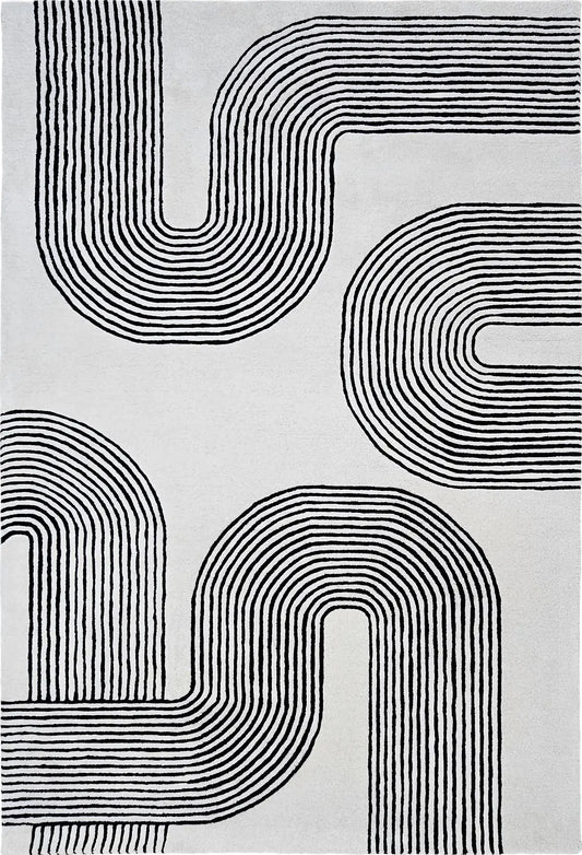 hand tufted wool rug with black line pattern on white