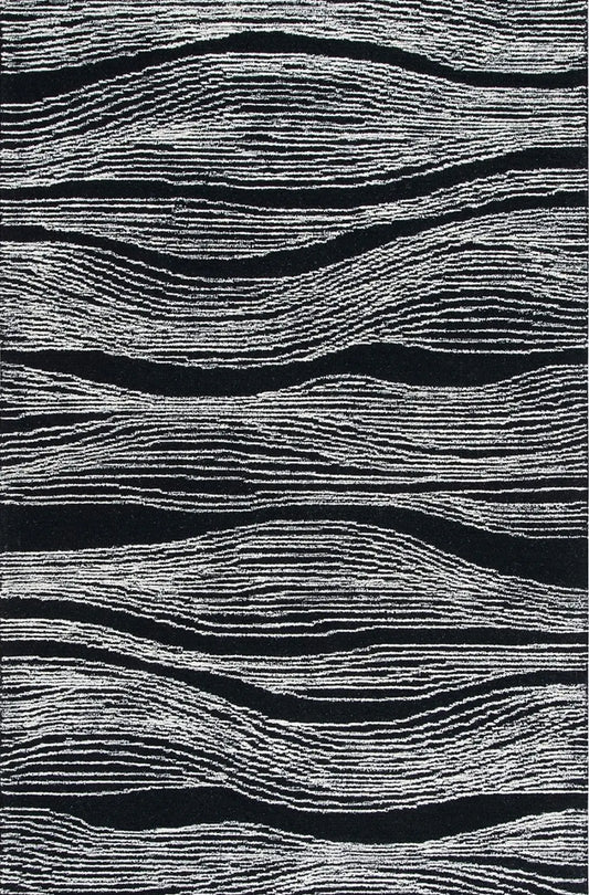 Black hand tufted textured wool rug with white wave patterned rug