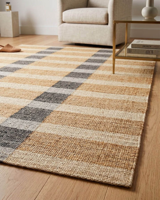 close up of hand woven jute area rug in living room