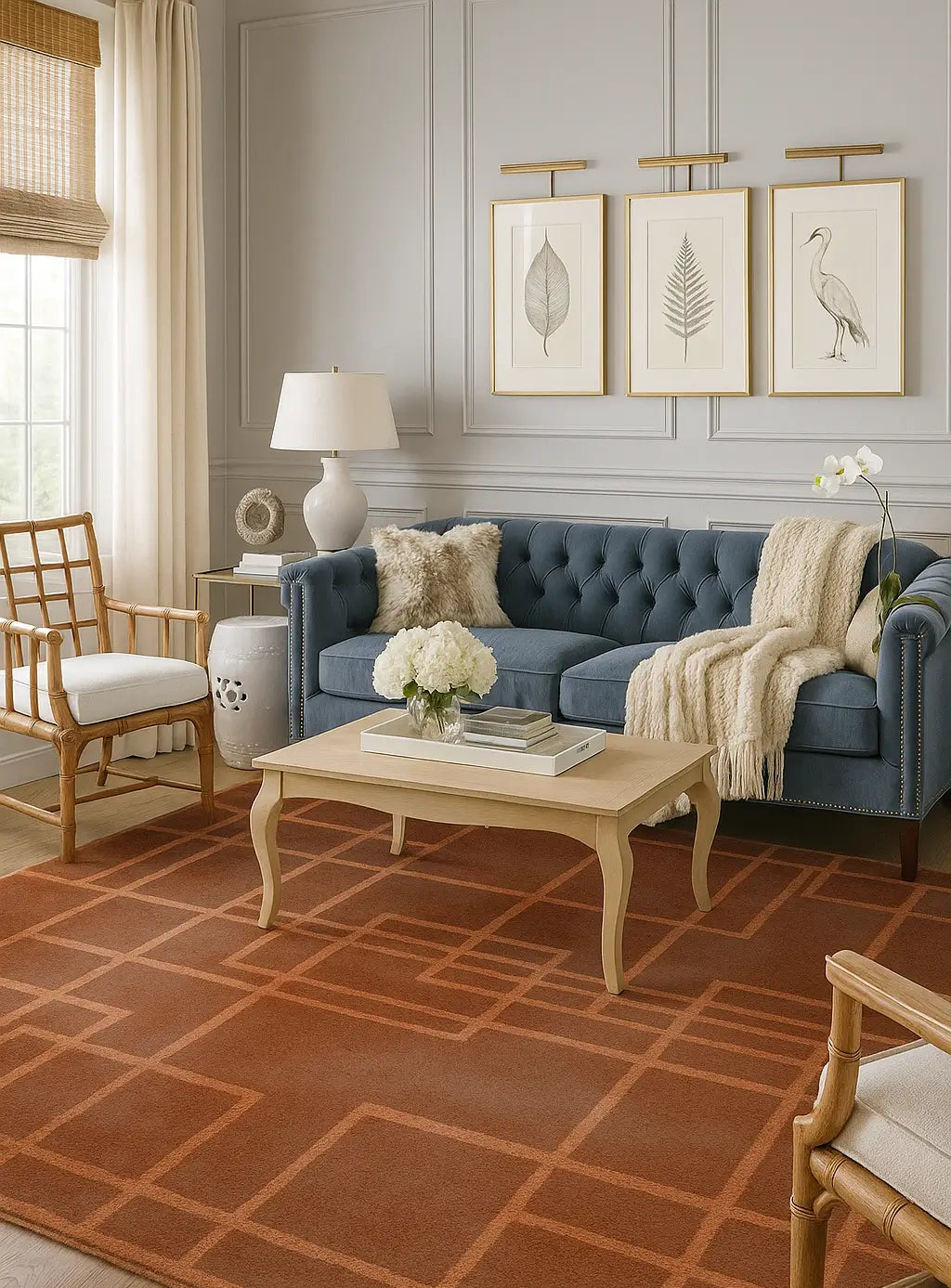 Living room with a geometry pattern hand tufted rug, blue sofa, wooden coffee table.