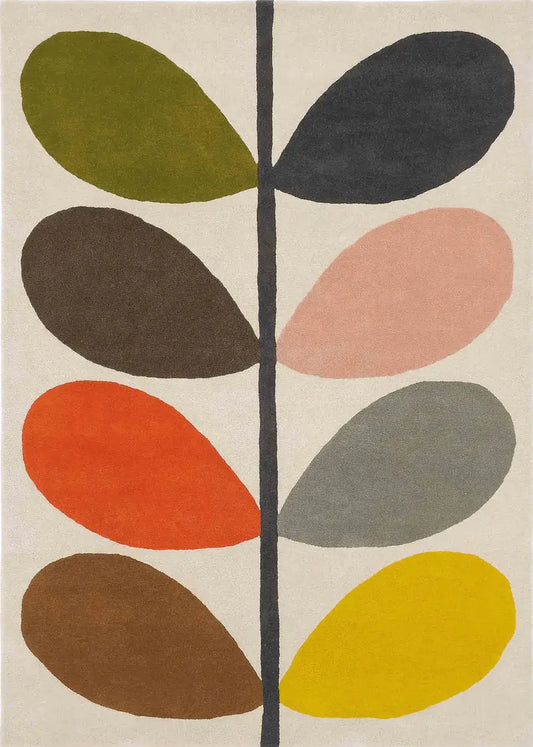 Hand tufted rug with colorful leaf pattern on a beige background
