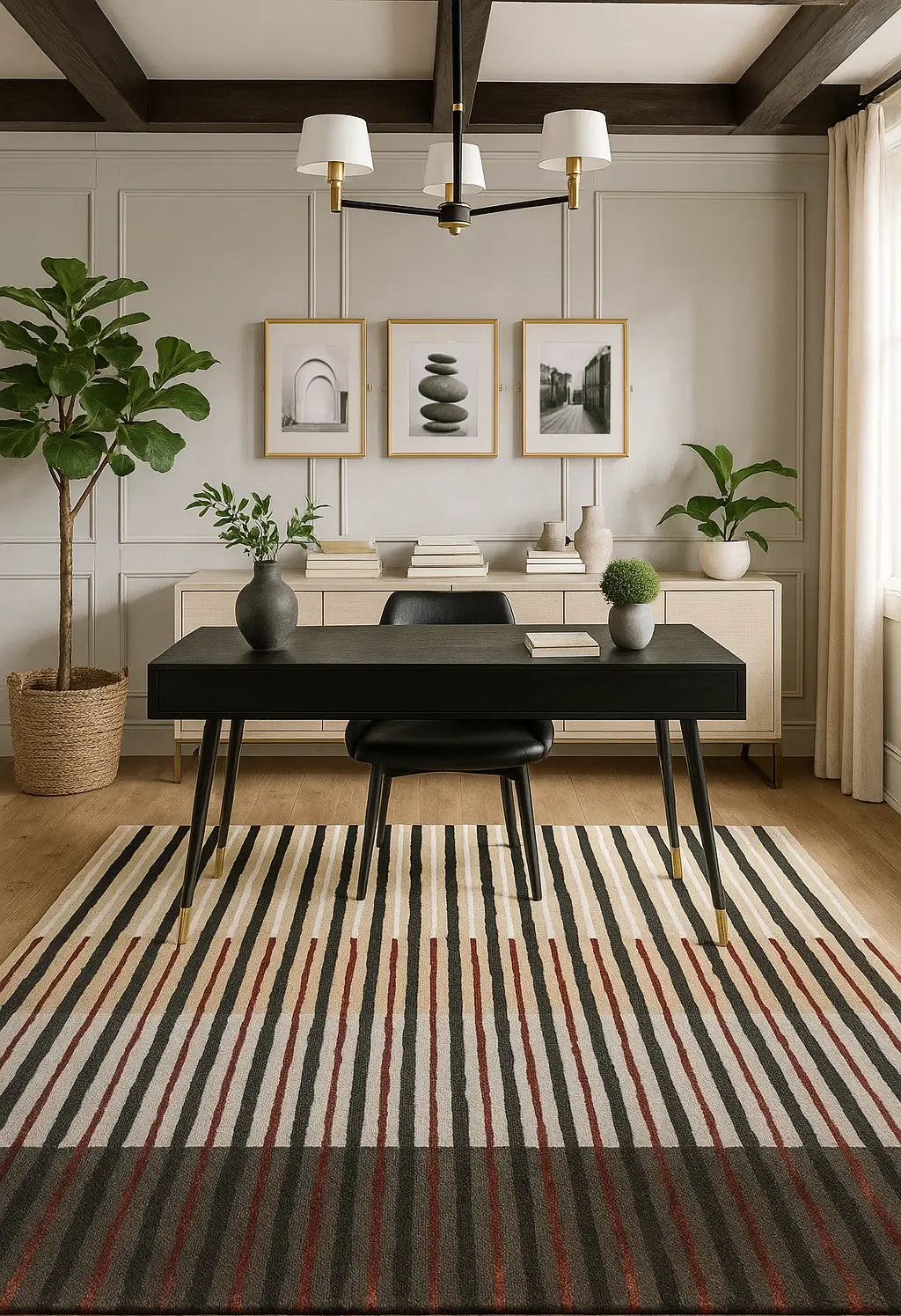 Modern home office with a black desk, striped rug, and decorative elements.