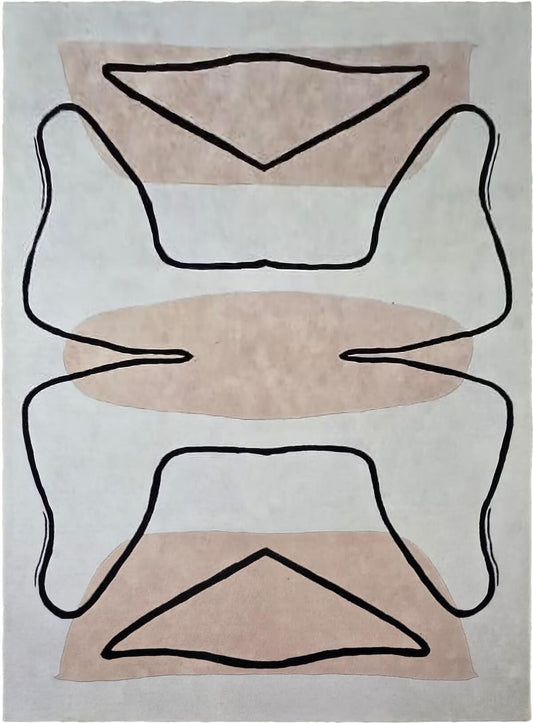 Abstract design hand tufted rug with black lines on a beige and white background