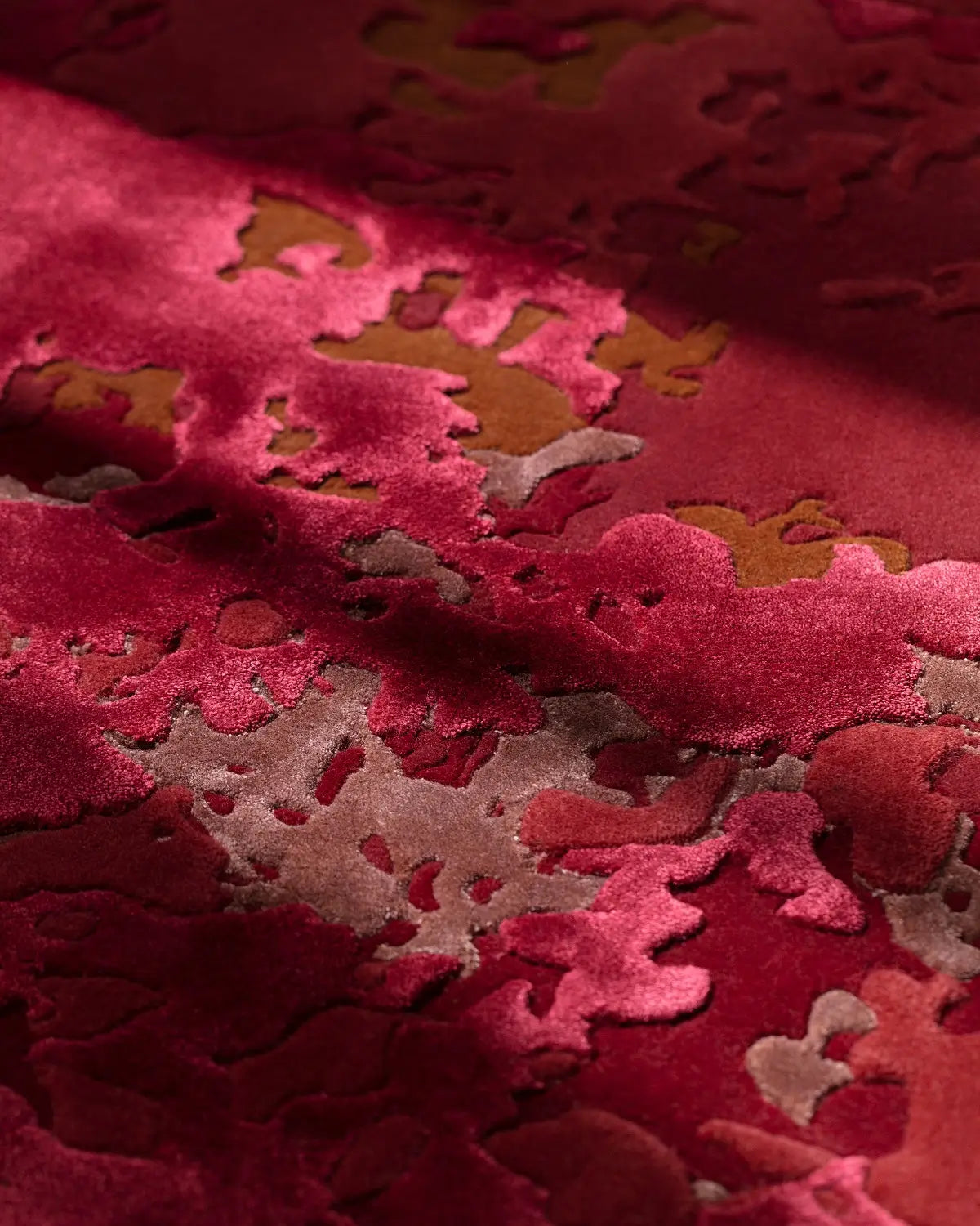 close view of red cherish wool & silk rug