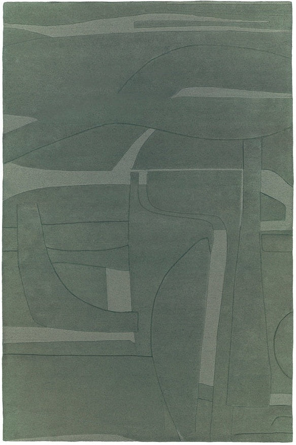 Hand tufted abstract green wool and silk rug with geometric patterns