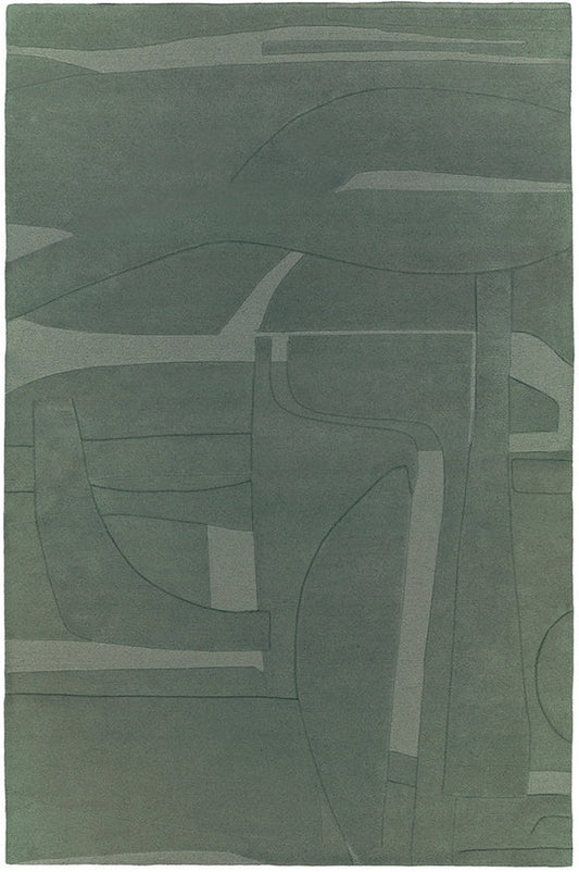 Hand tufted abstract green wool and silk rug with geometric patterns