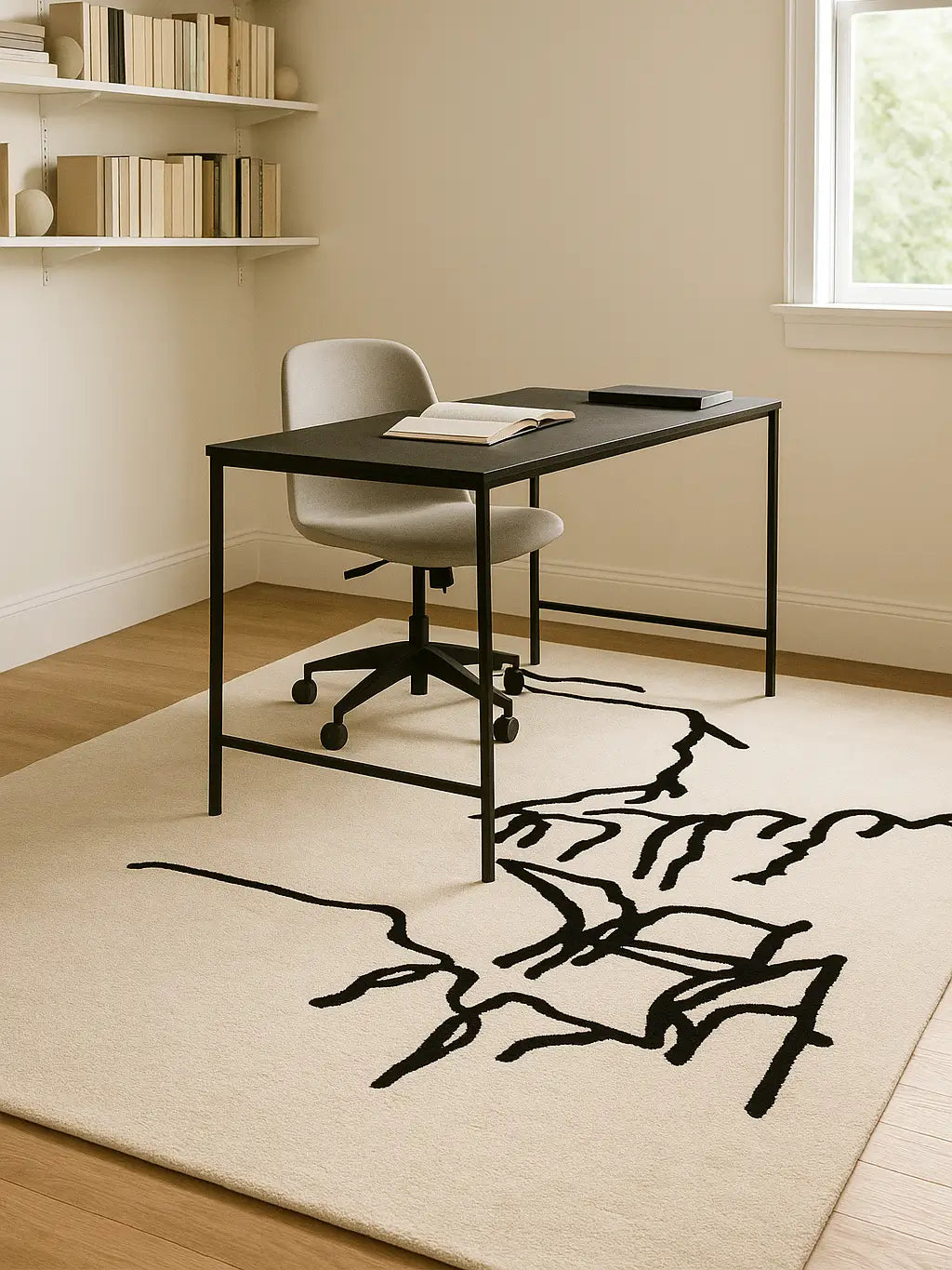 Study room with a modern hand tufted wool rug, black desk and white chair