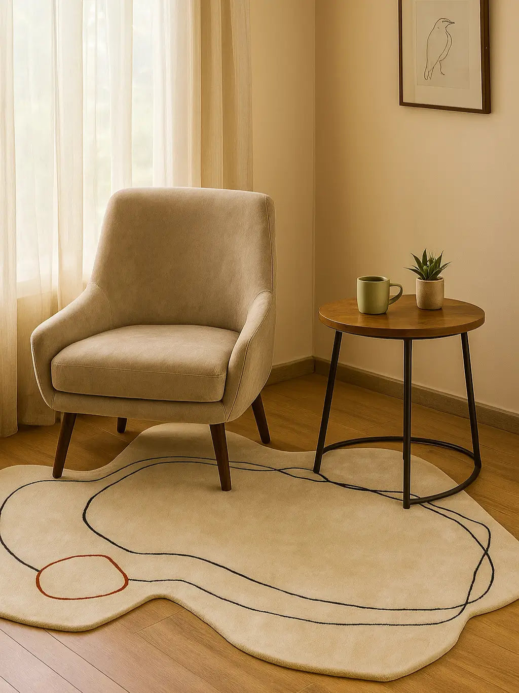 room with a beige hand tufted wool rug, armchair and small round table with a plant on.