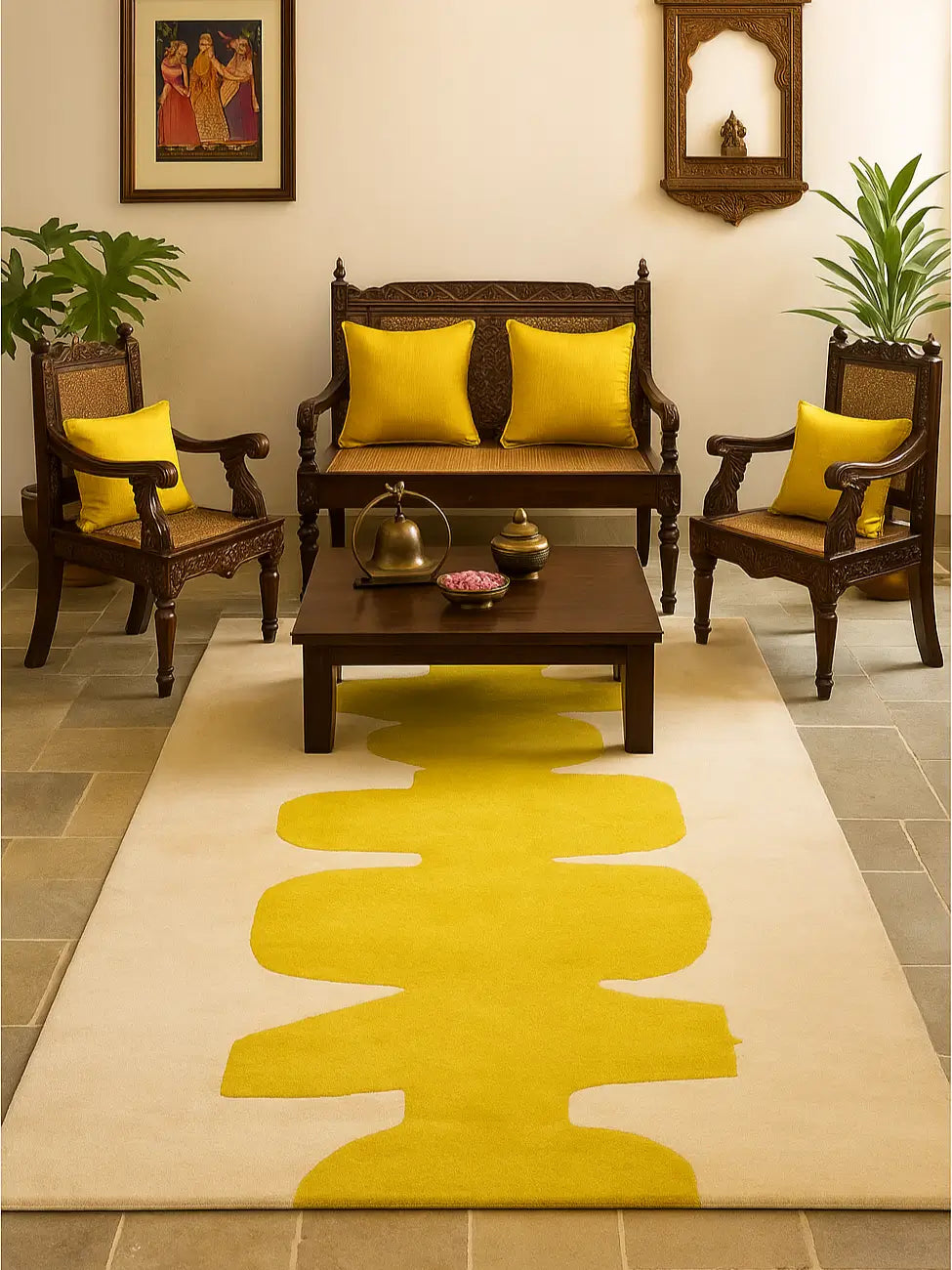 Living room with decorative yellow hand tufted rug, wooden furniture and yellow cushions.