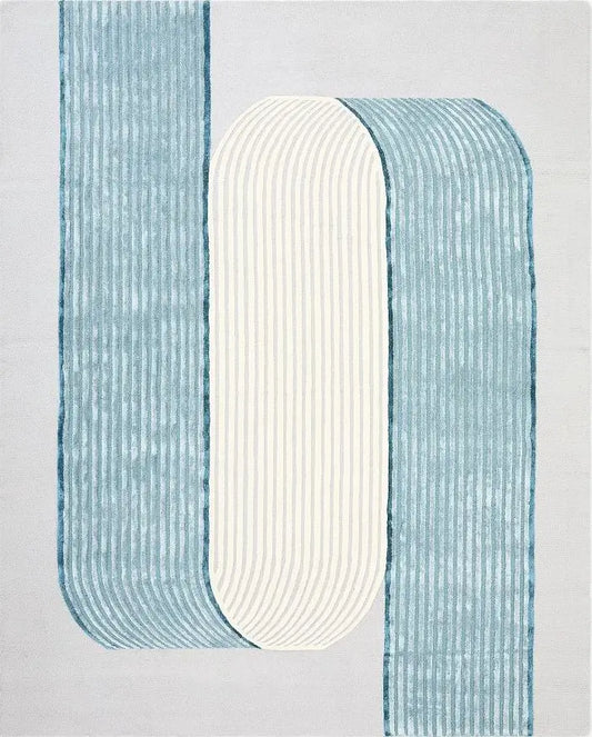Modern hand tufted wool rug with white and blue stried design