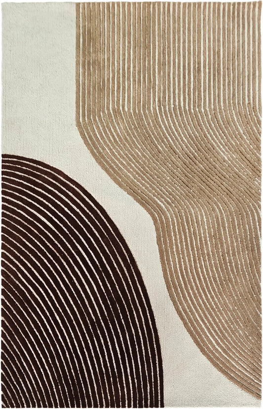 hand tufted rug with geometry arc pattern of wavy lines in brown and beige