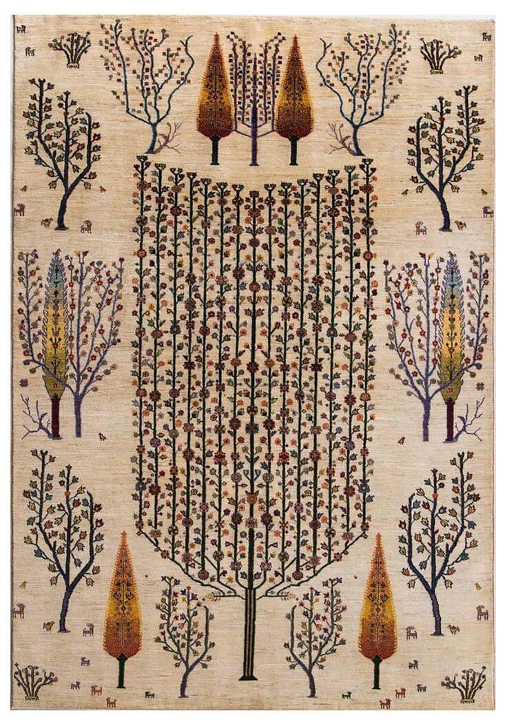 traditional hand-knotted wool rug with tree pattern