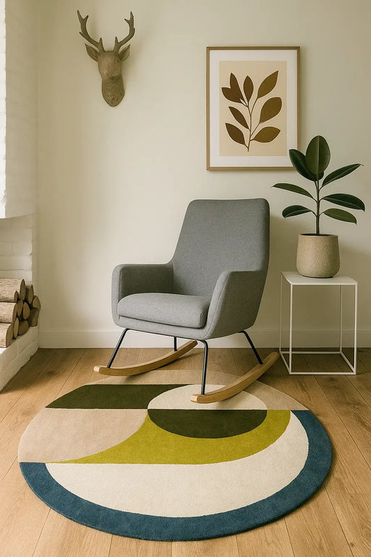 hand tufted round shaped rug in rustic reading corner with a gray rocking chair, and decorative elements.