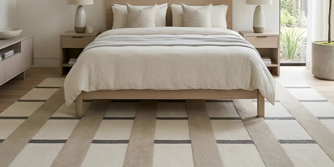 modern bedroom with hand tufted wool rug under bed