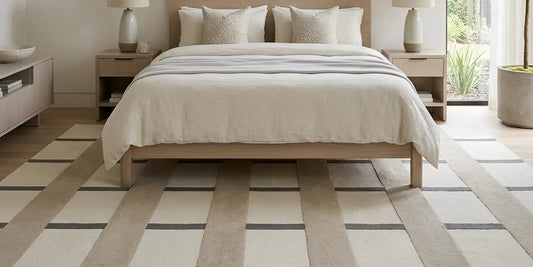 modern bedroom with hand tufted wool rug under bed