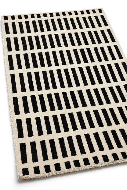 Black Off White Grid Indian Wool Rug