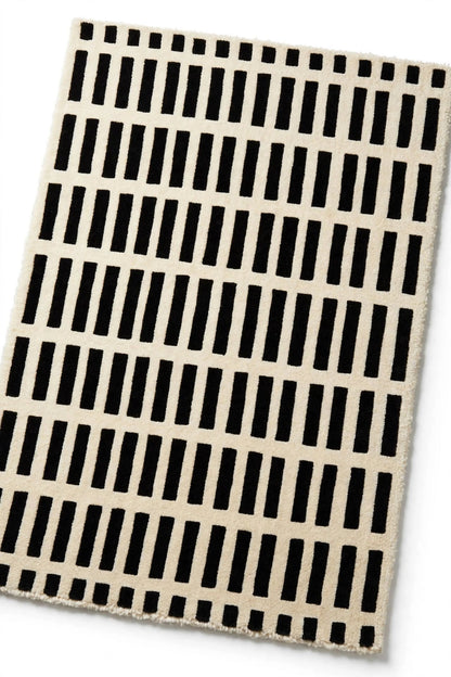 Black Off White Grid Indian Wool Rug