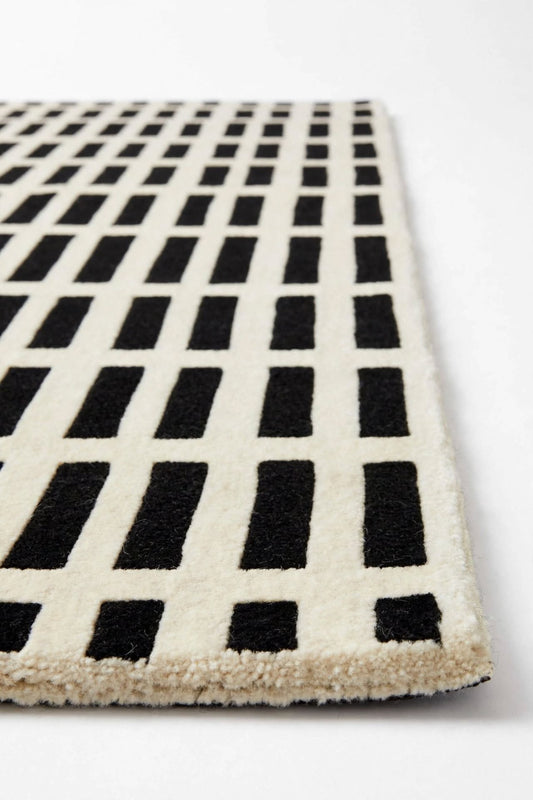 Black Off White Grid Indian Wool Rug