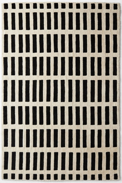 Black Off White Grid Indian Wool Rug
