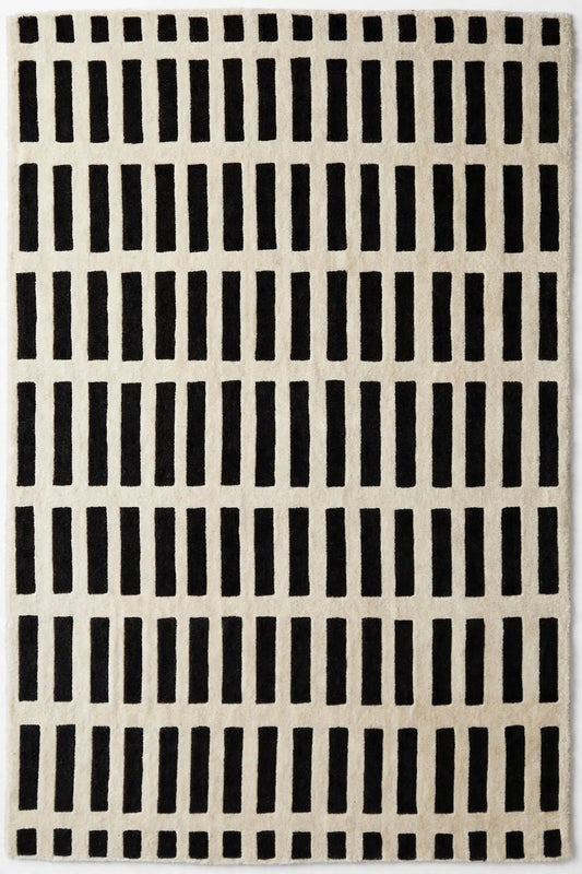 Black Off White Grid Indian Wool Rug