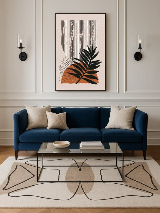 Modern living room with a modern hand tufted wool rug, blue sofa, glass coffee table, and abstract art on the wall.