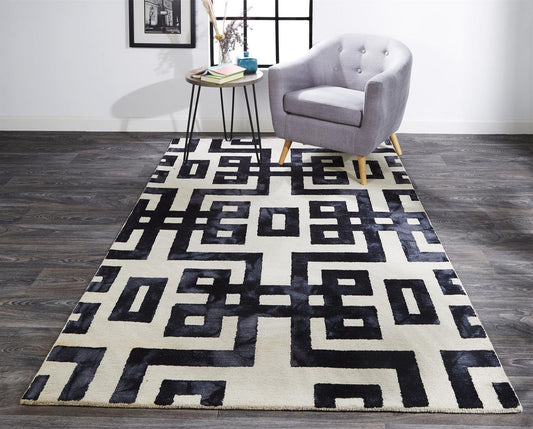 Koronge hand tufted wool & silk carpet in living area