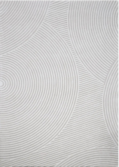 Sequined minimalist grey hand tufted wool rug with circular patterns