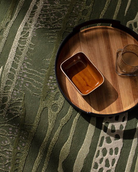close view of Masai green textured wool & silk rug
