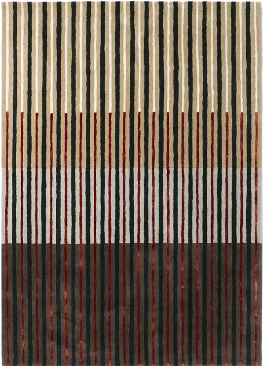Modern striped wool rug with black, beige, and red horizontal stripes