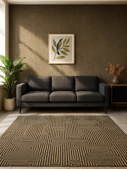 Living room with a gray sofa, patterned rug, and wall art.