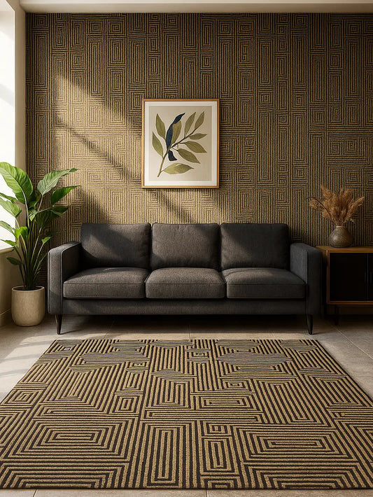 Living room with a gray sofa, patterned rug, and wall art.