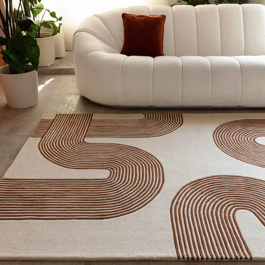 hand tufted line pattern wool rug in modern living area