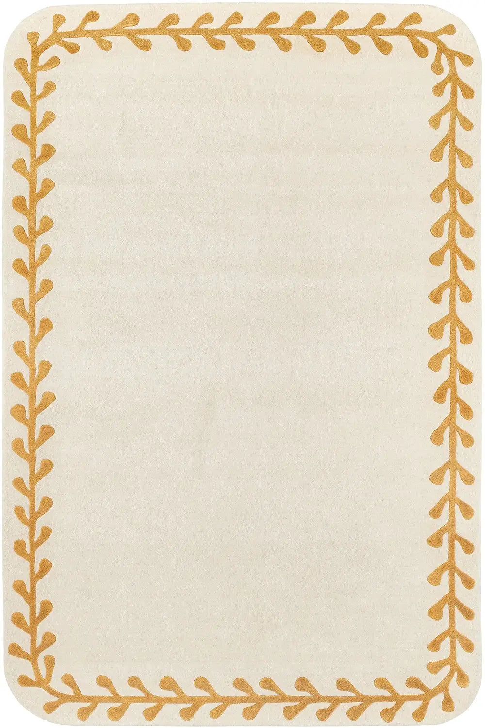 designer hand tufted wool rug with golden leaf boarder