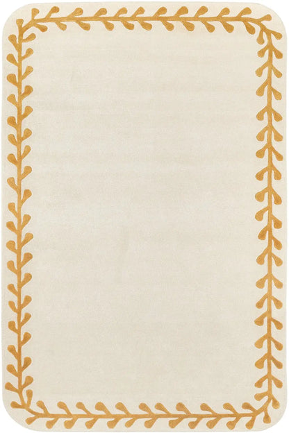 designer hand tufted wool rug with golden leaf boarder