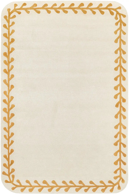 designer hand tufted wool rug with golden leaf boarder