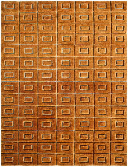 grid hand knotted wool rug in brown color