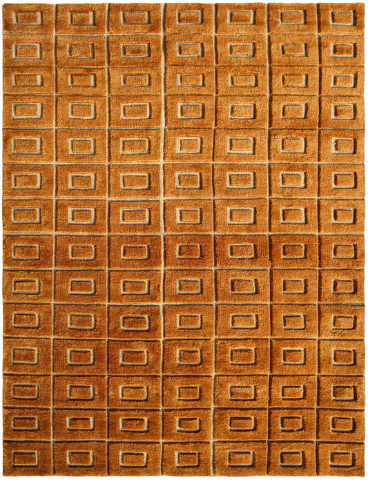 grid hand knotted wool rug in brown color