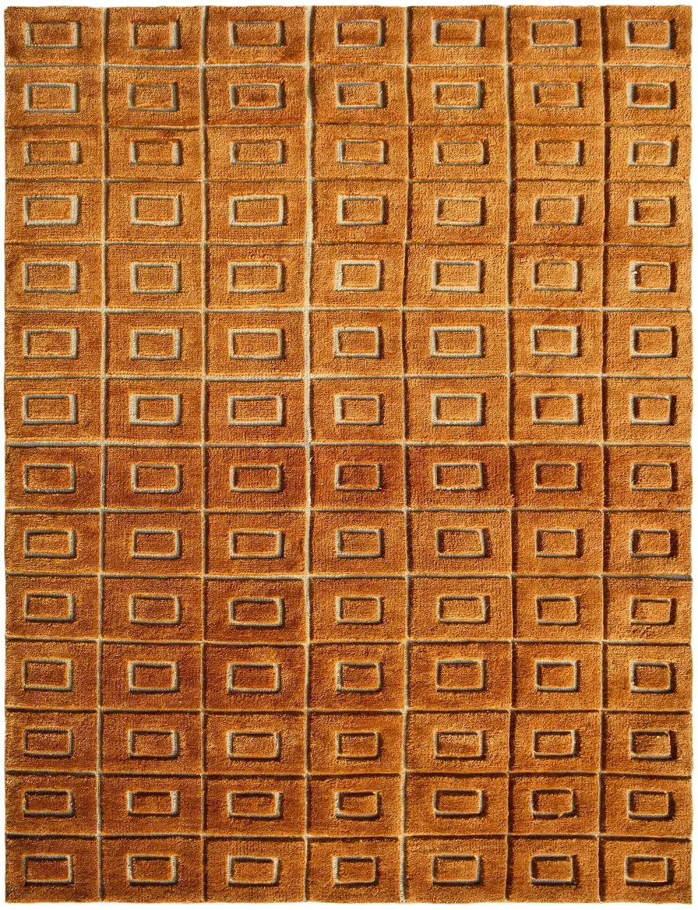 golden brown knotted textured square patterned rug