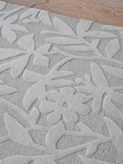 Close-up of a textured gray wool rug