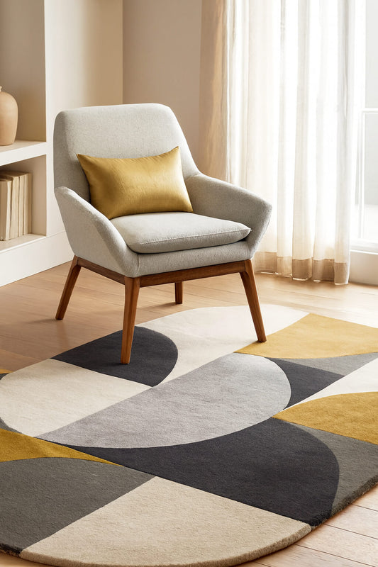 Gray armchair with a yellow cushion on a geometric patterned shaped rug in a bright room.