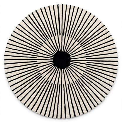 Black Sunburst Hand Tufted Indian Wool Round Rug