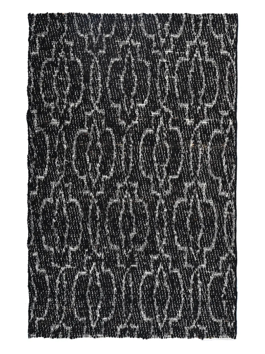 Black and white patterned jute rug, hand woven in bhadohi